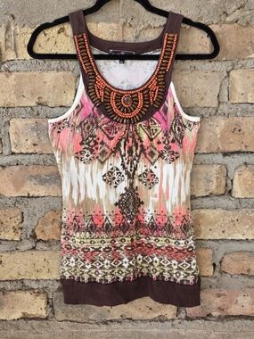 Almost Famous Boho Beaded Neckline Tank Top - XL - Pink/Brown Tribal Print